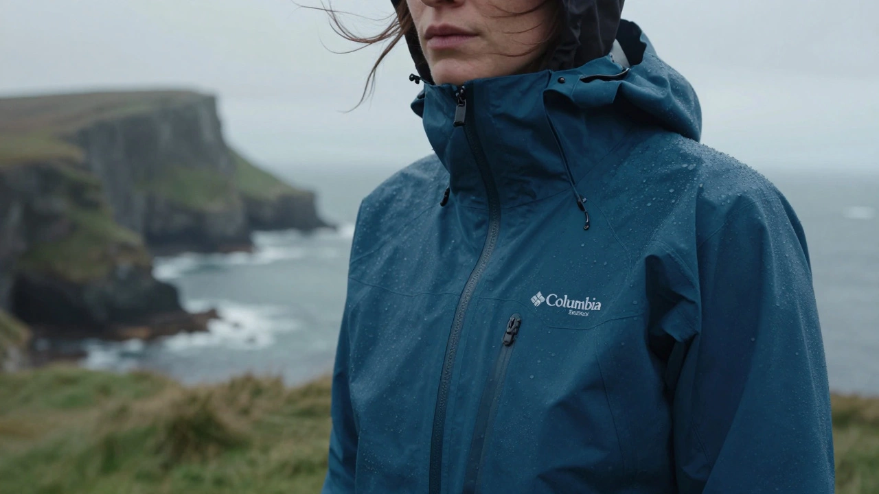 Close up of waterproof activewear jacket in windy Irish coastal weather
