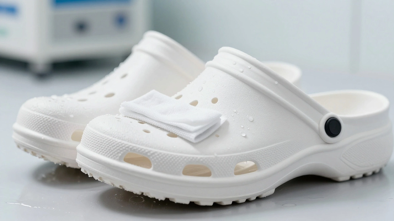 Close-up of waterproof medical clogs being sanitized with a wipe