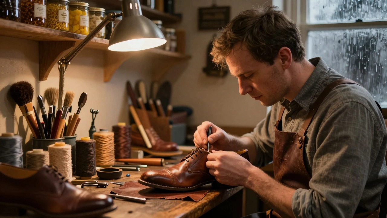 Cobbler repairing a welted shoe in a workshop