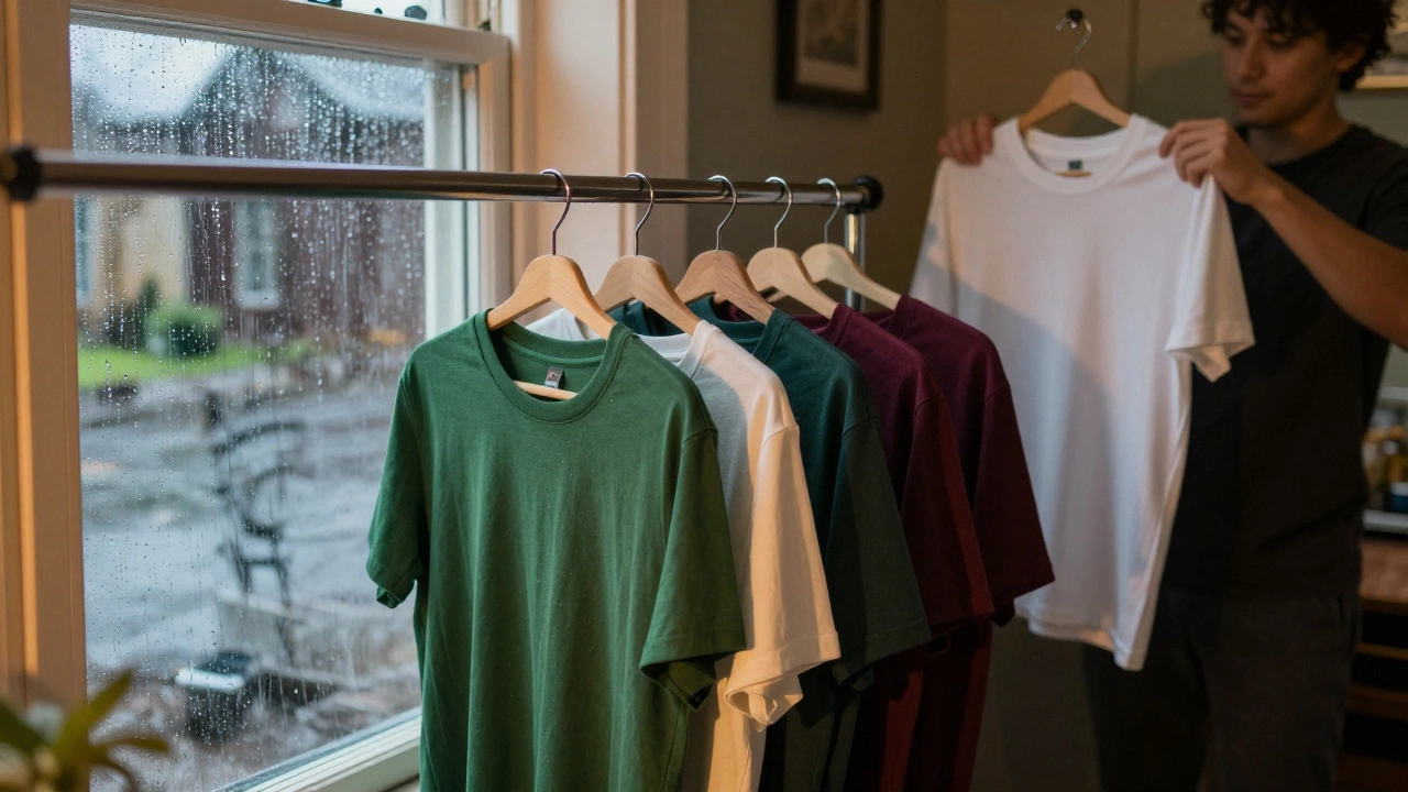Colorful basic t-shirts hanging indoors with rain visible outside