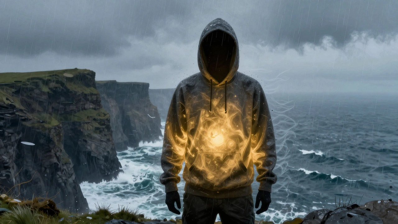 Figure in glowing hoodie standing against Cliffs of Moher backdrop