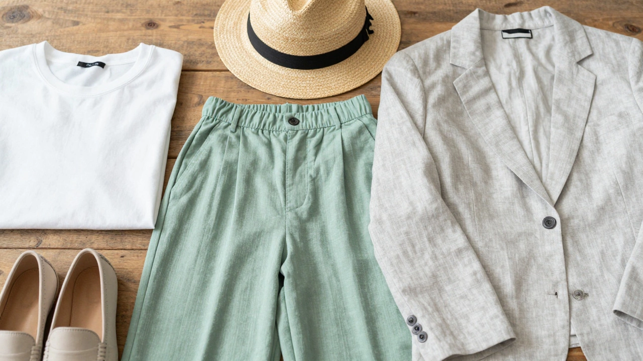 Flat lay of breathable summer clothes and hat