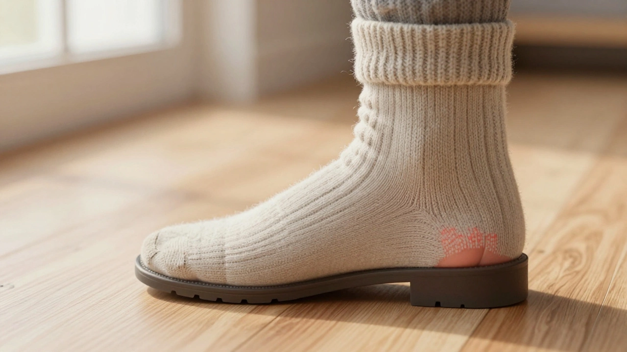 Foot slipping in oversized boot showing heel gap