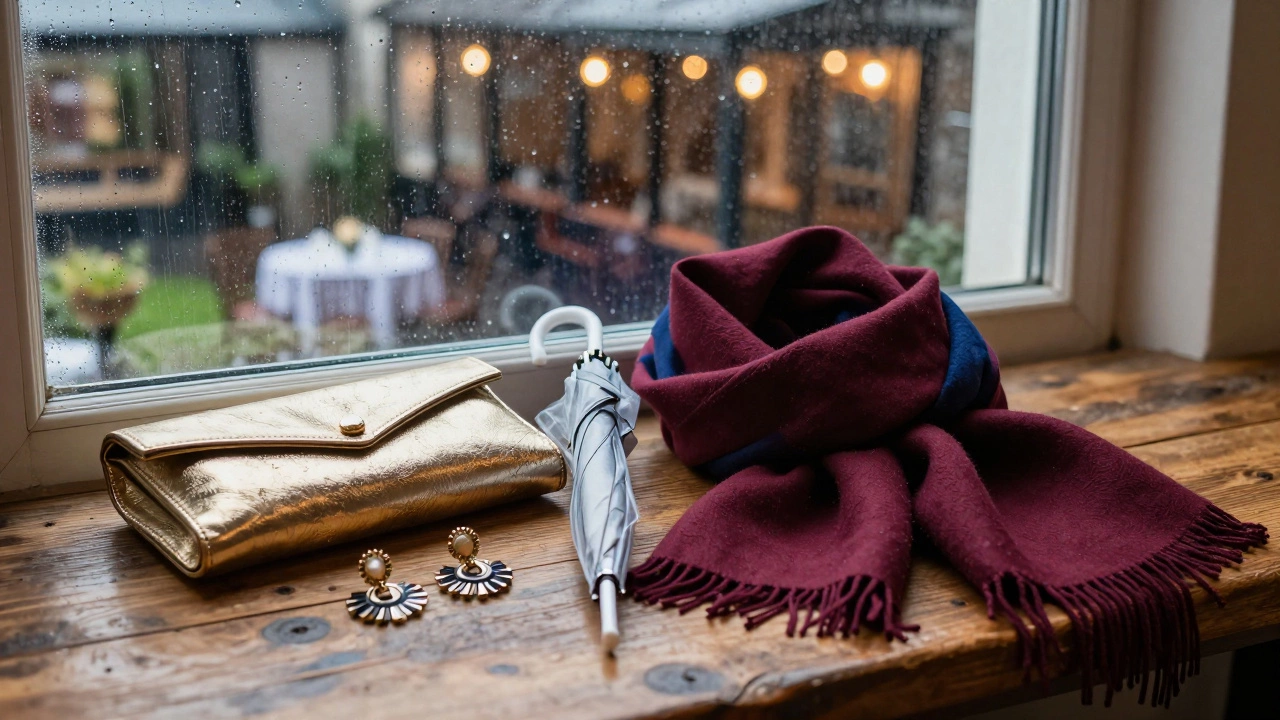 Gold clutch, umbrella, and scarf on table with rainy Irish view outside.