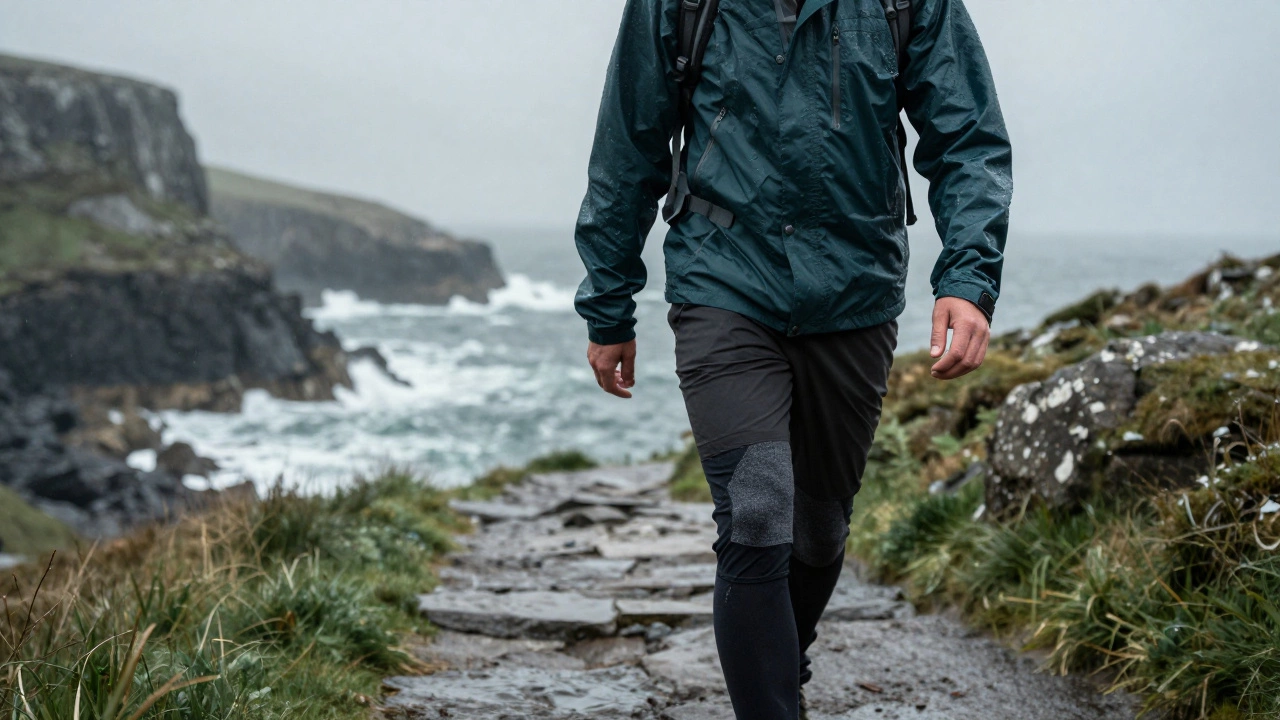 Hiker in technical rain gear on a misty Irish coastal trail