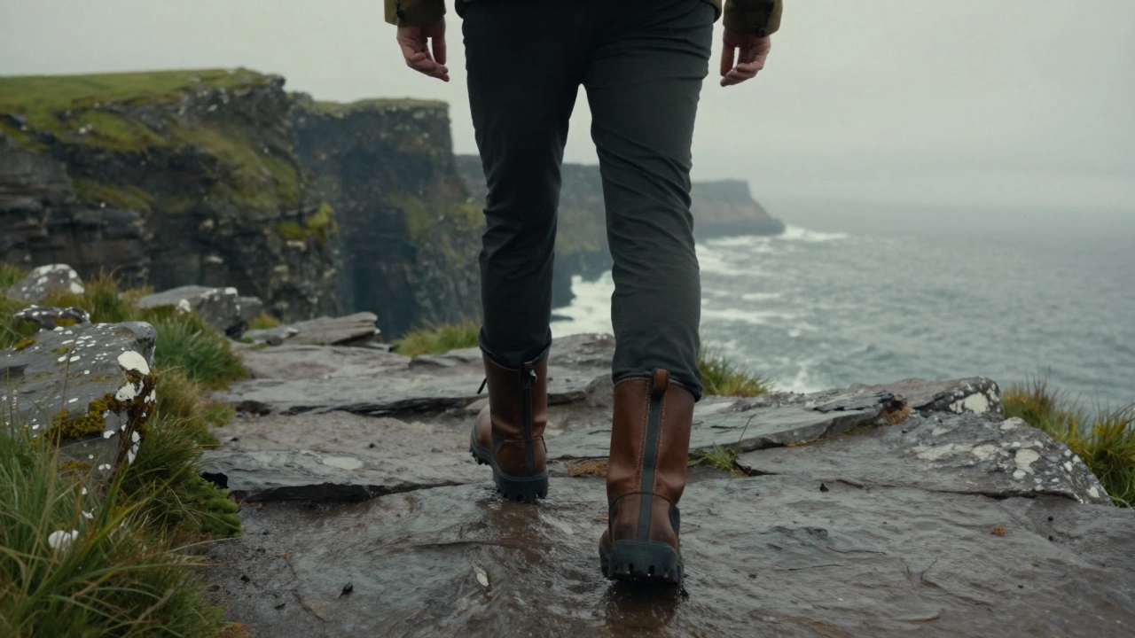 Hiker with fitted boots on rugged Irish coastal path