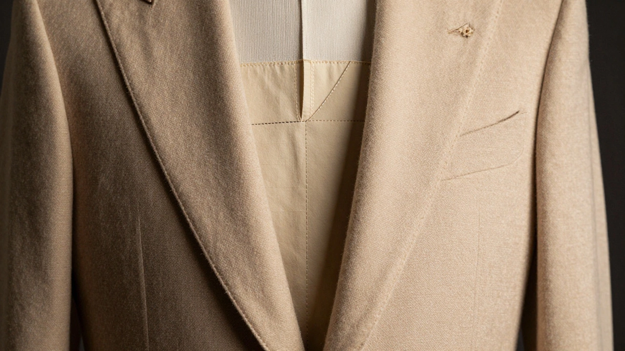 Macro view of suit jacket interior showing fused glue vs hand-stitched canvas construction