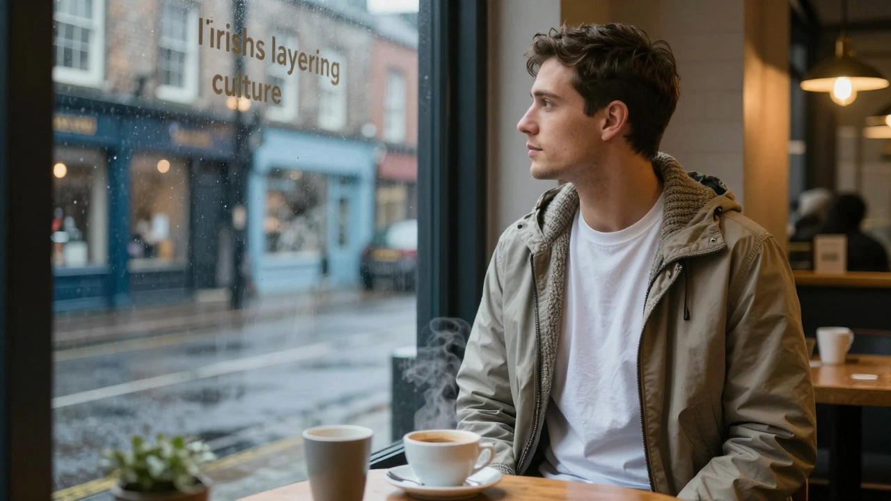 Man wearing a t-shirt as a base layer under a jumper in a rainy Dublin cafe.