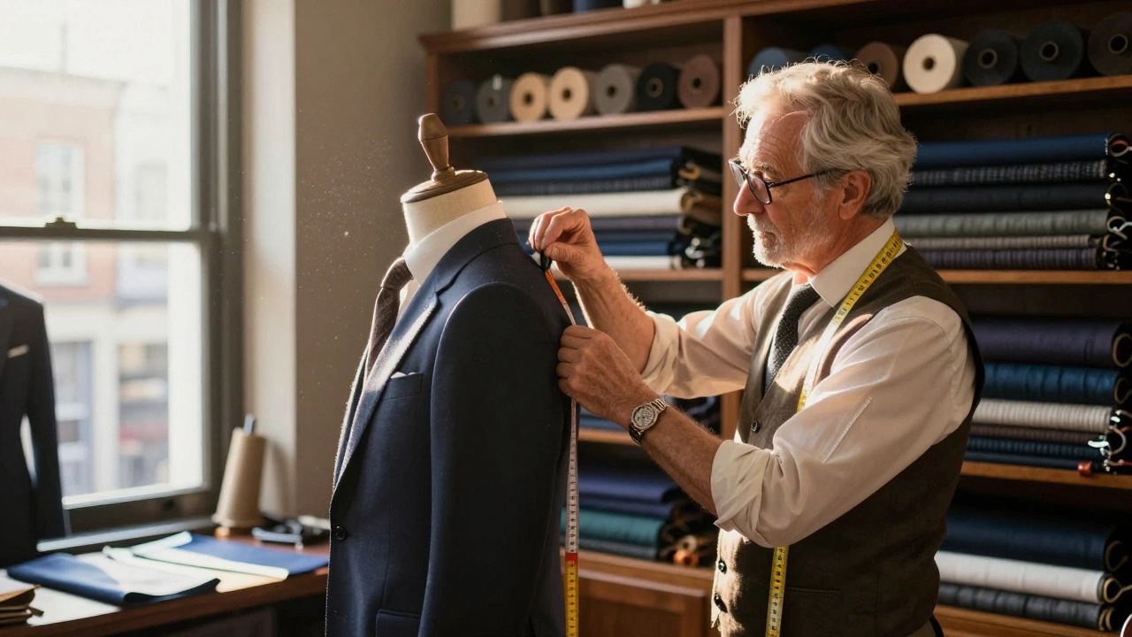 Master tailor measuring a client in a traditional Dublin bespoke tailoring shop