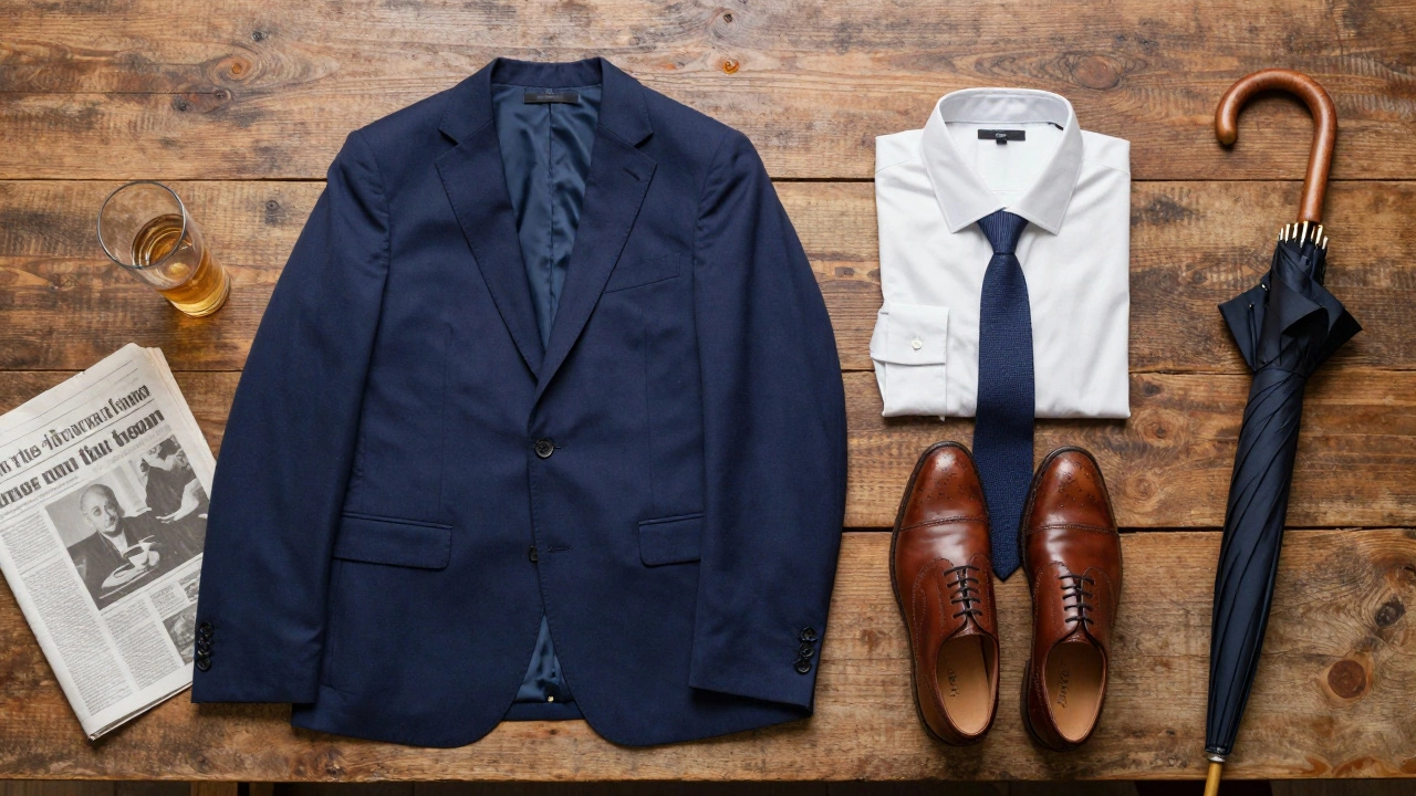 Navy suit, brown shoes, and accessories arranged on a wooden table