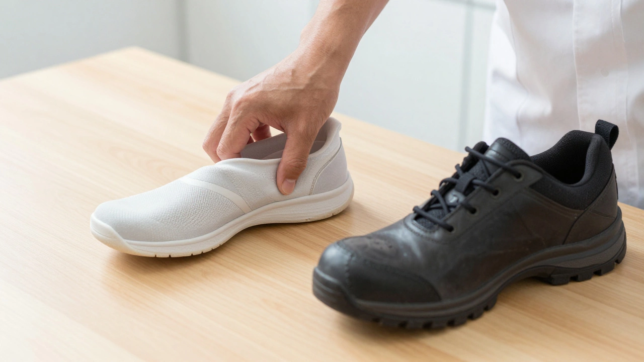 Podiatrist twisting shoes to demonstrate flexibility vs stability