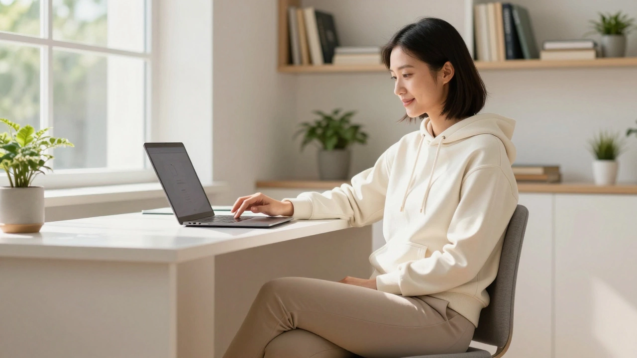 Professional working from home in comfortable hybrid activewear outfit