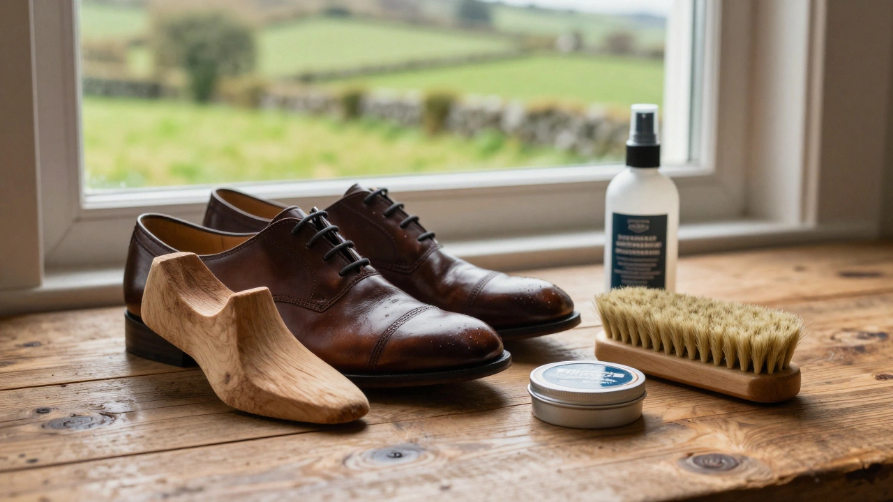 Shoe care items like cedar trees and wax on a table
