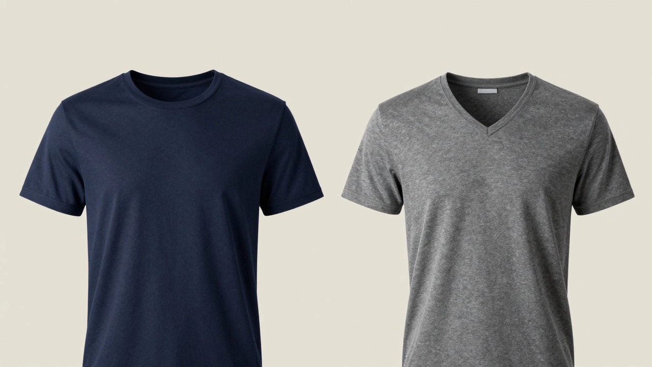 Studio comparison of navy crew neck and grey v-neck t-shirts