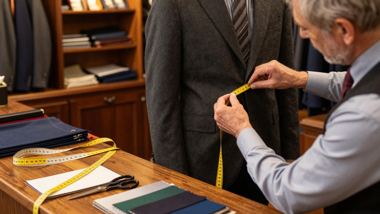 Tailor measuring a customer's suit in a warm, traditional workshop
