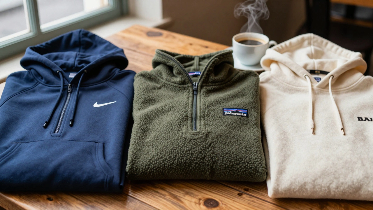 Three hoodies showing different fabrics: Nike, Patagonia, and Bally