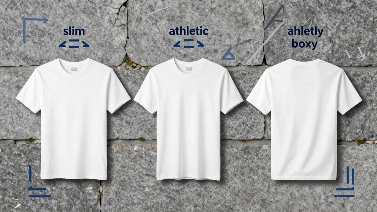 Three t-shirts with different cuts illustrating inconsistent clothing sizing standards.