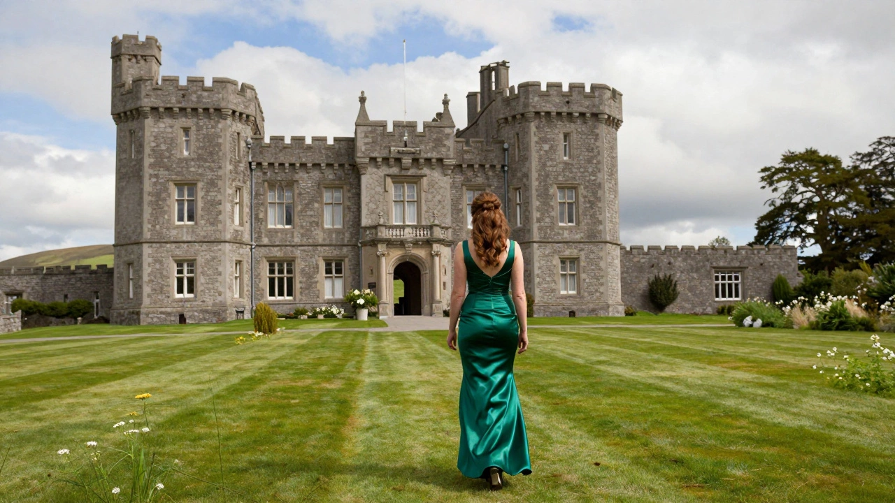 Woman in emerald green gown approaching Ballynahinch Castle in Galway.