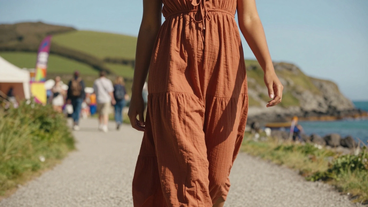 Woman in terracotta dress at sunny Galway festival