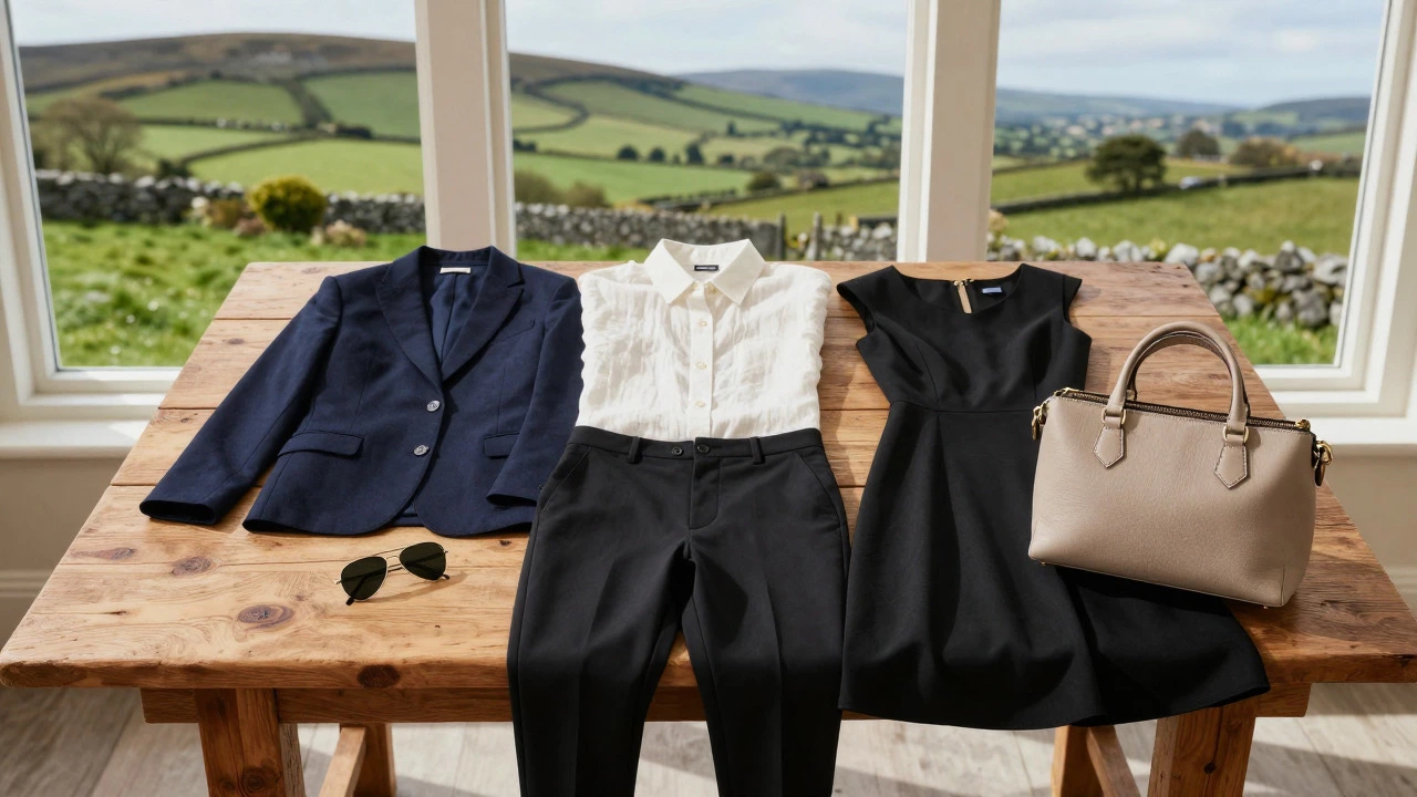 Capsule wardrobe with linen and blazers on wooden table with view