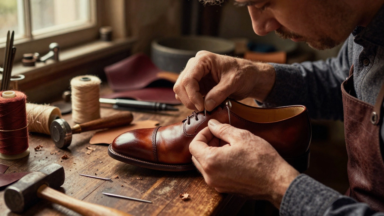 Close-up of artisan hand-stitching a Goodyear welted leather shoe sole