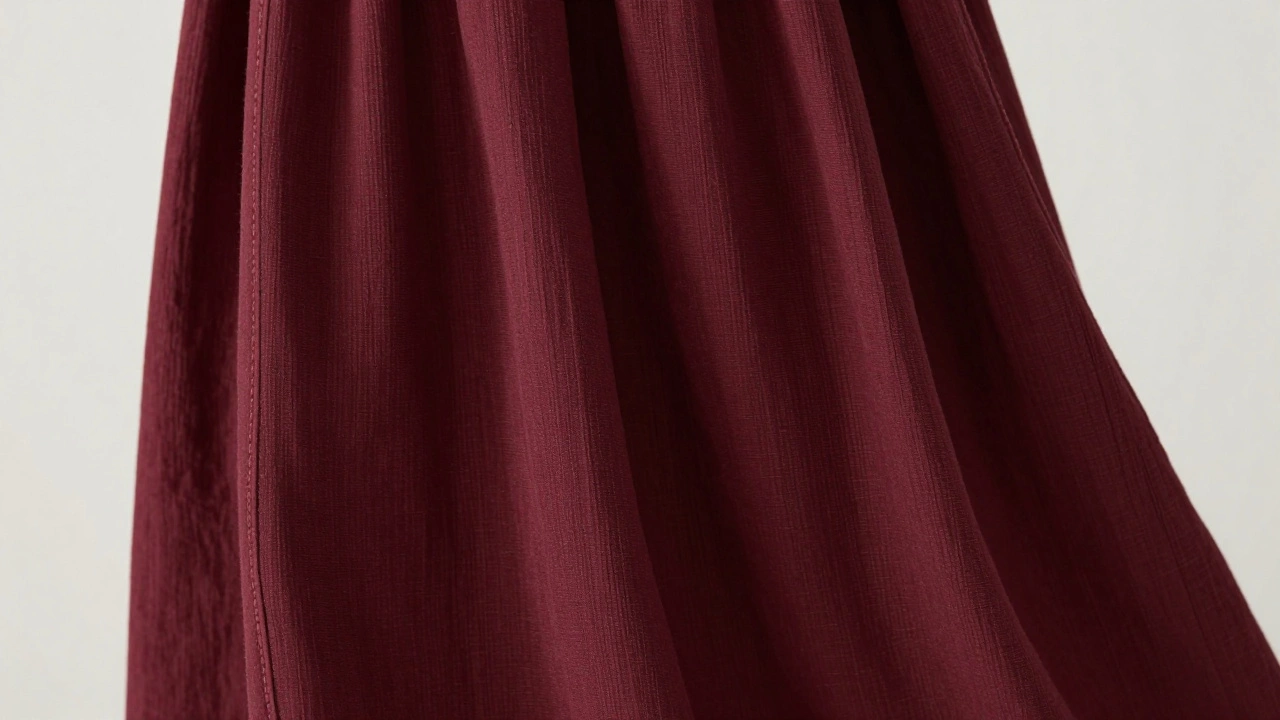 Close up of draped burgundy viscose dress fabric