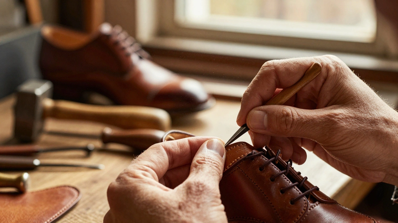 Close-up of hands stitching a Goodyear welted leather shoe