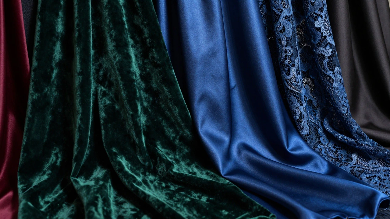 Close-up of luxurious jewel-toned evening fabrics including velvet, satin, and lace.
