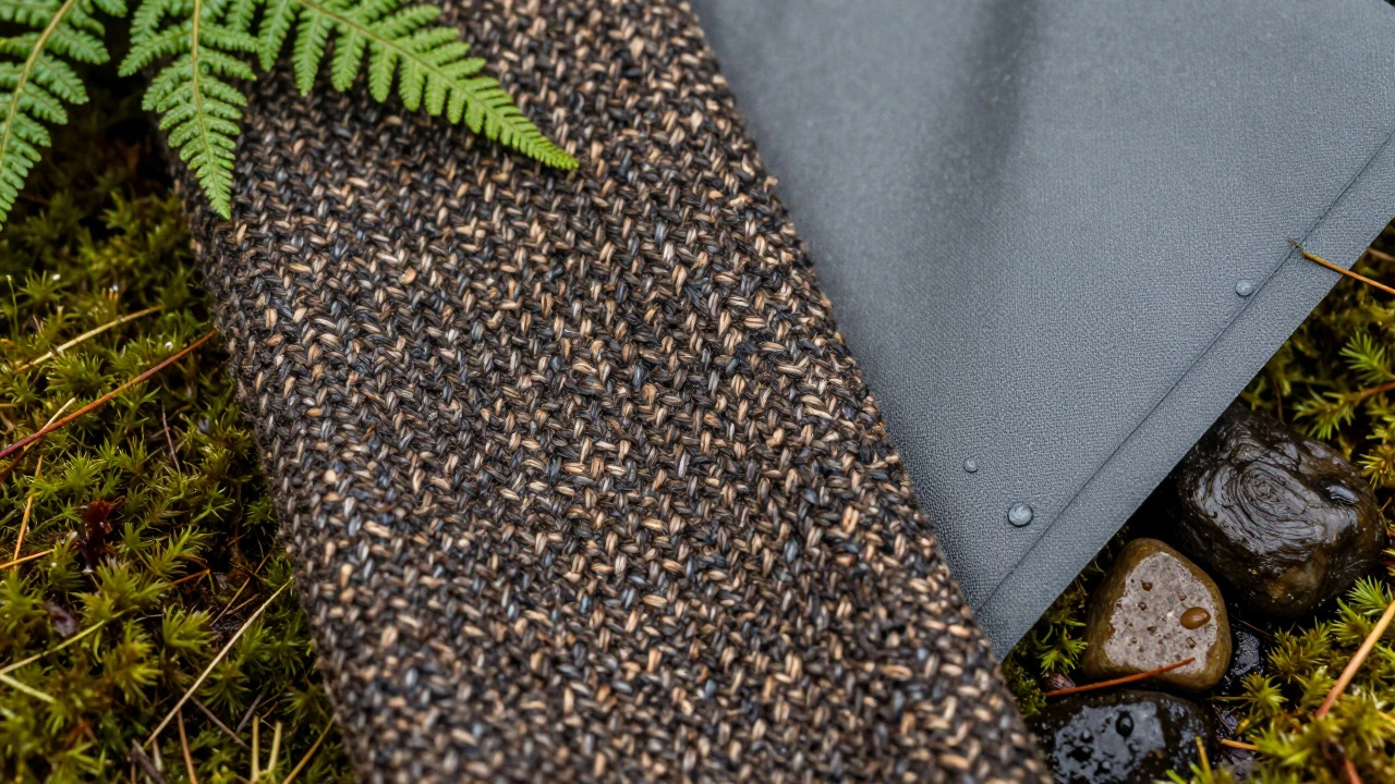 Close-up of tweed and waterproof fabric with water beads in nature