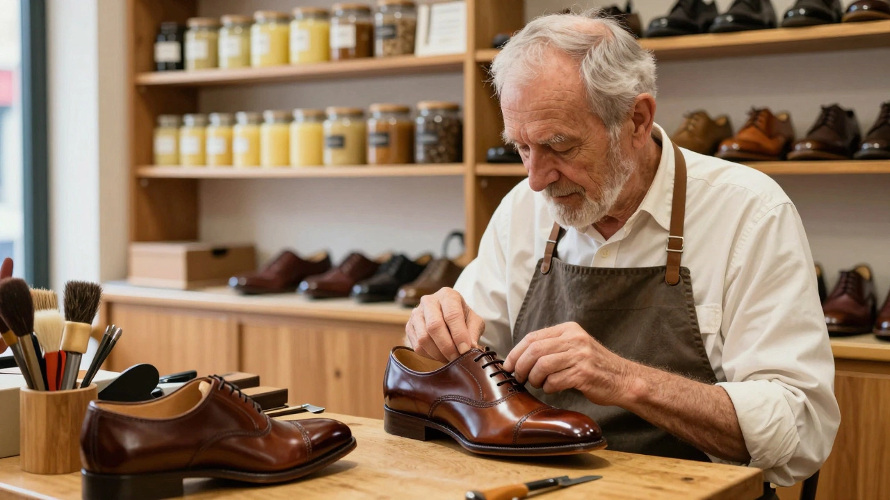 Cobbler polishing a classic Oxford shoe in a Dublin workshop