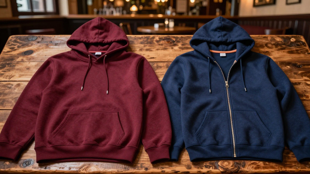 Comparison of pullover and zip-up hoodies on table