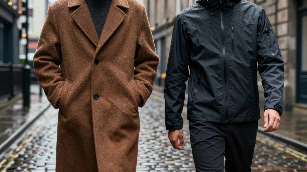 Comparison of wool coat and technical jacket on wet Irish city street