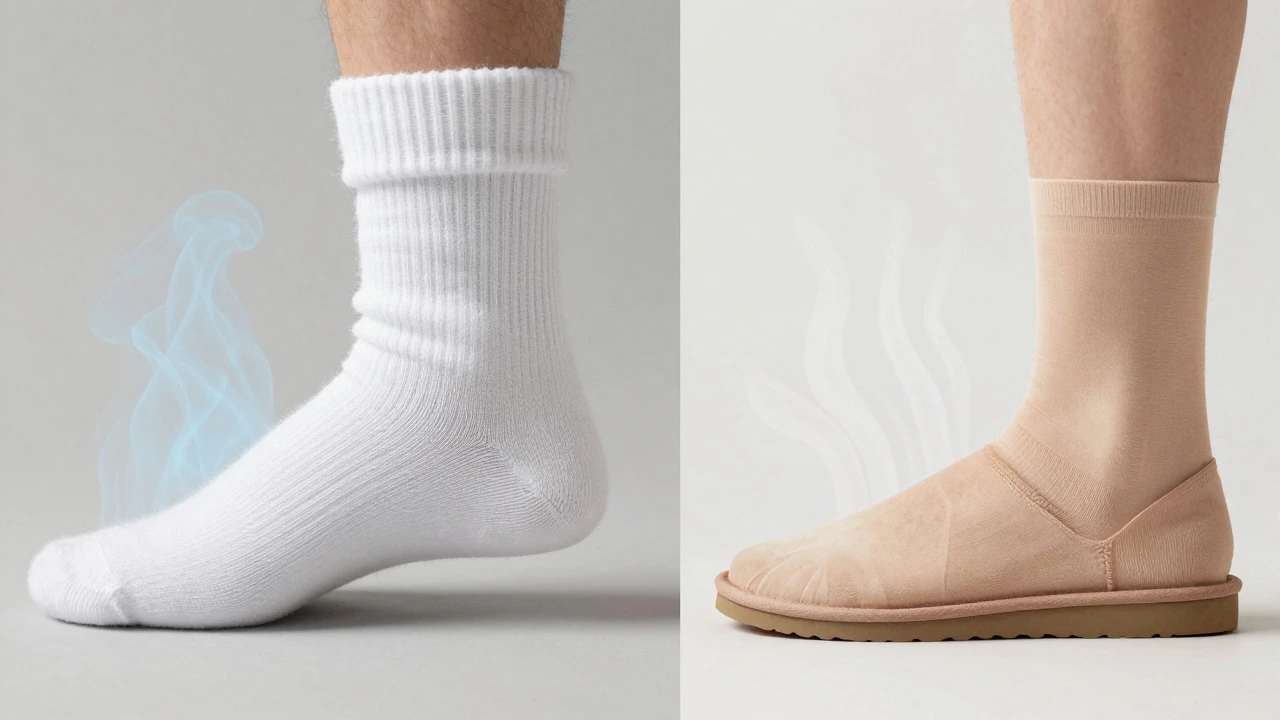 Cross-section comparison of cotton vs merino liners inside sheepskin boots.