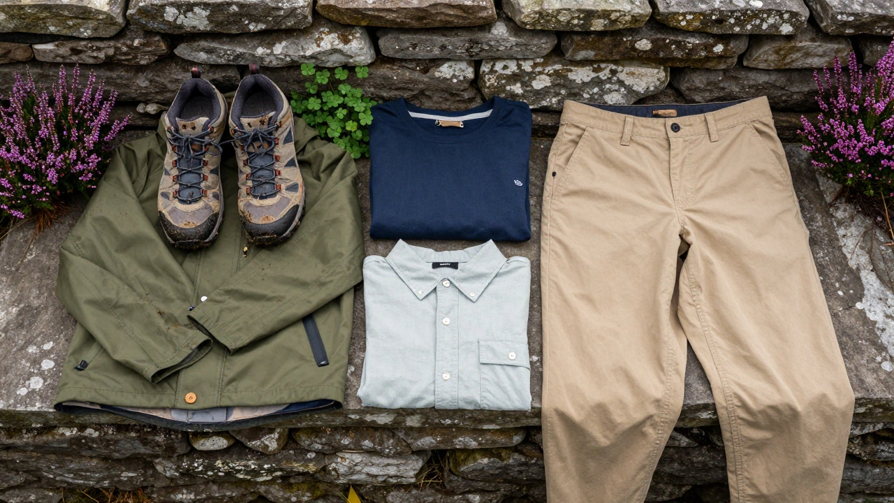 Essential Irish summer clothing items including hiking shoes and rain jacket