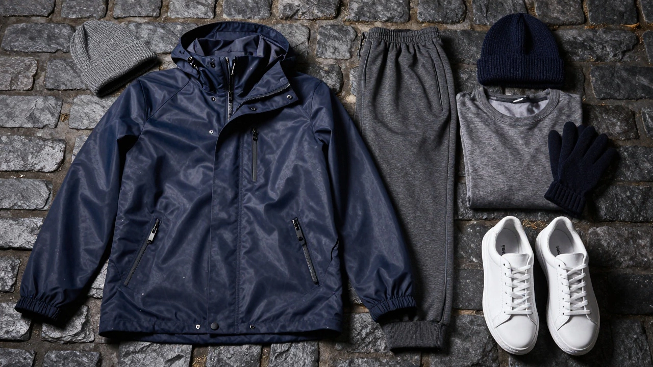 Fashion layout of waterproof jackets, joggers, and sneakers on a stone surface.