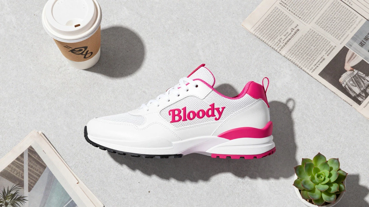 Flat lay of a pink and white Bloody sneaker with coffee and plants