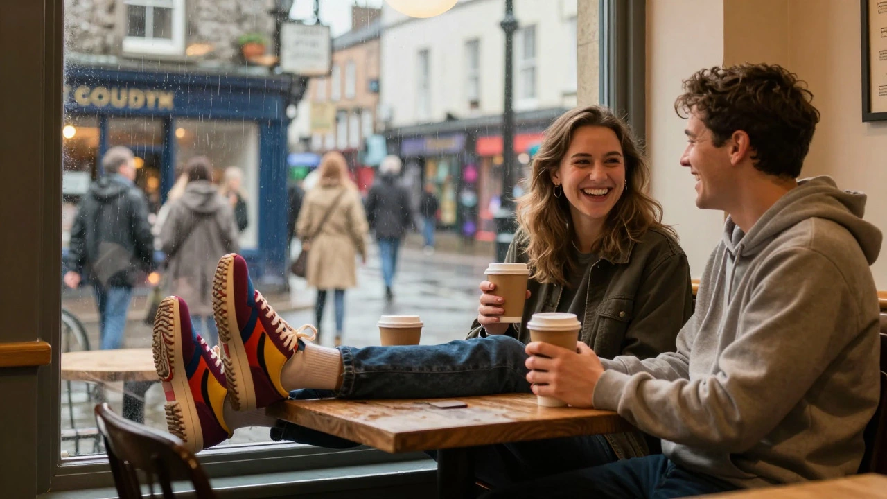 Friends chatting in an Irish cafe, one wearing chunky colorful trainers