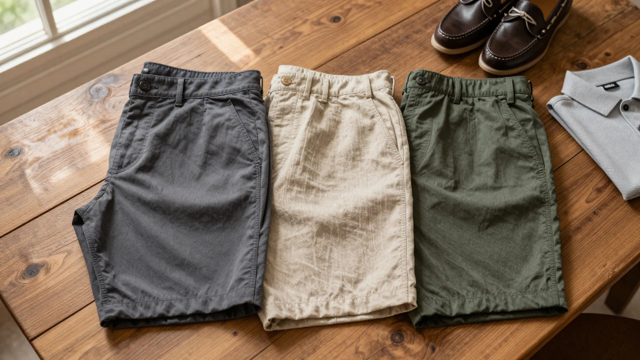 High-quality men's shorts in neutral colors on a wooden table