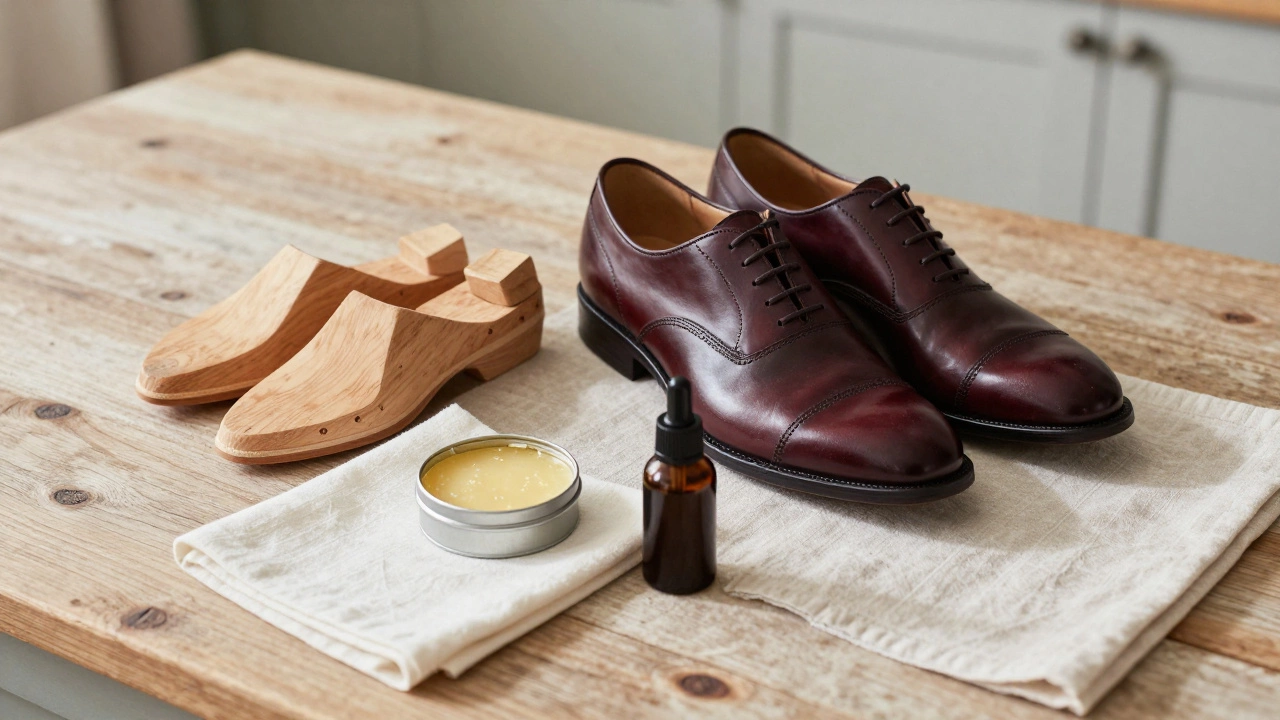 Leather shoes with cedar trees and polish supplies on a rustic table