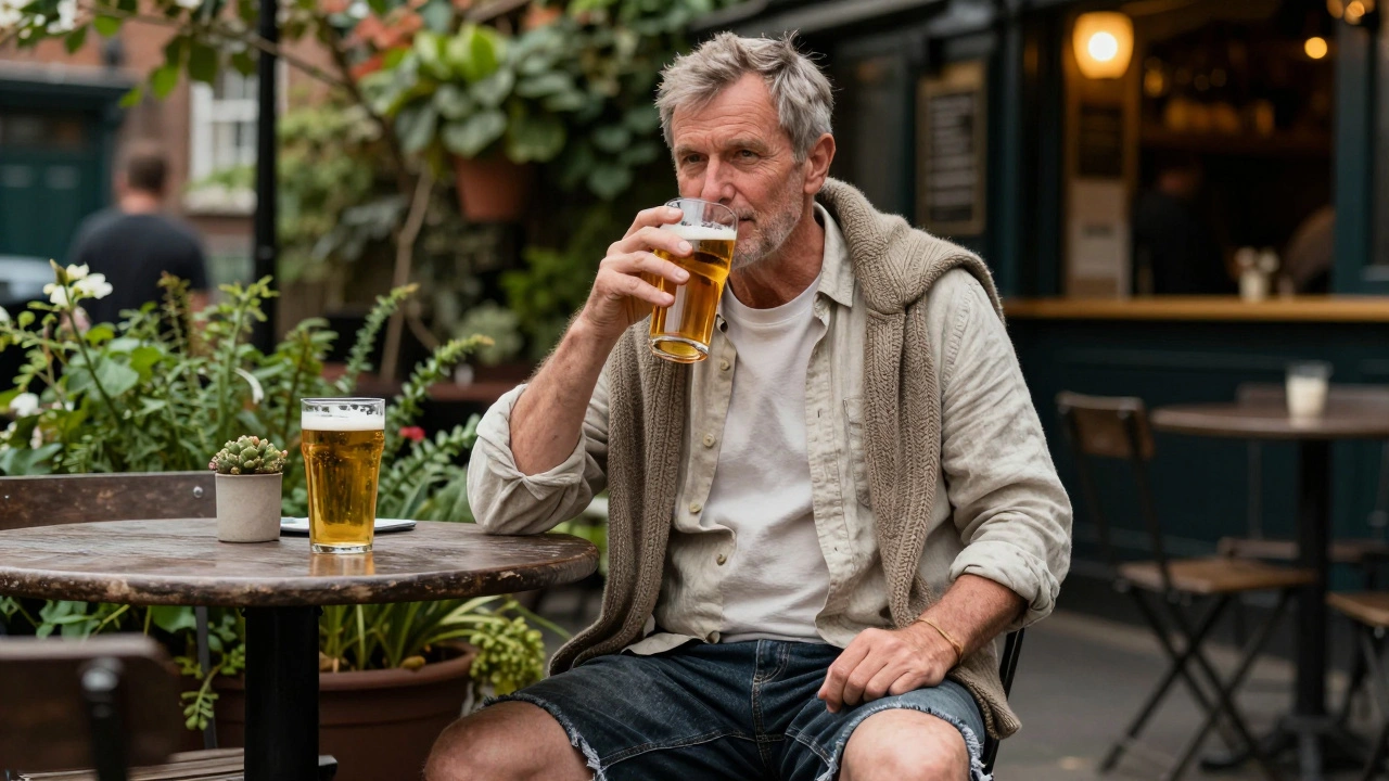 Mature man in denim shorts and cardigan at Irish pub