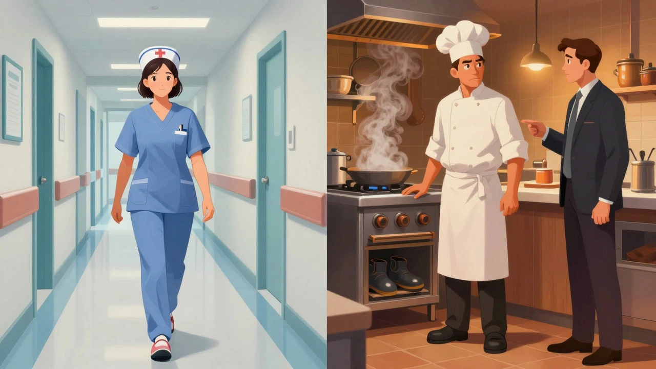 Nurse and chef illustrating workplace shoe policy differences