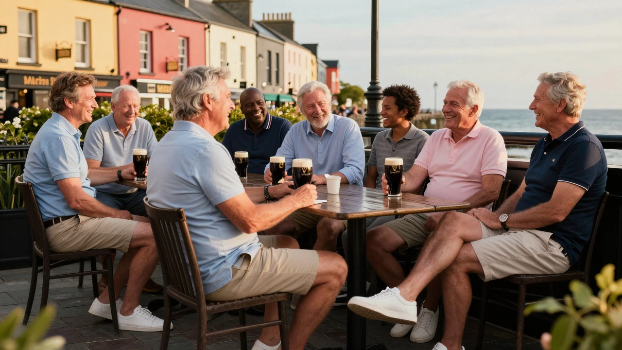 Older men enjoying drinks in shorts at a Galway pub garden