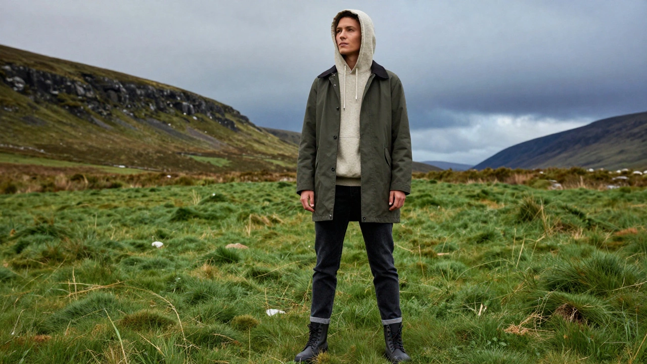 Person wearing layered hemp hoodie in Irish countryside