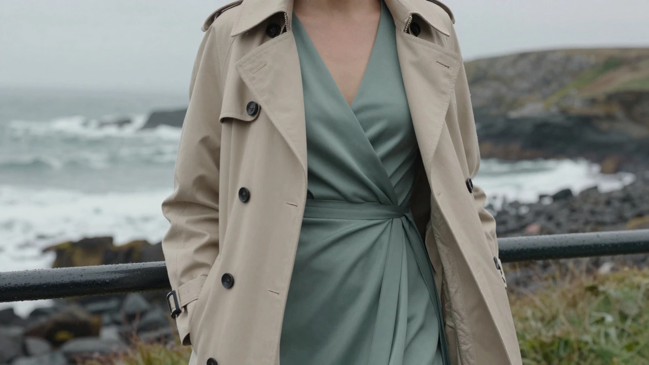 Stylish woman wearing draped trench coat over green dress by coast