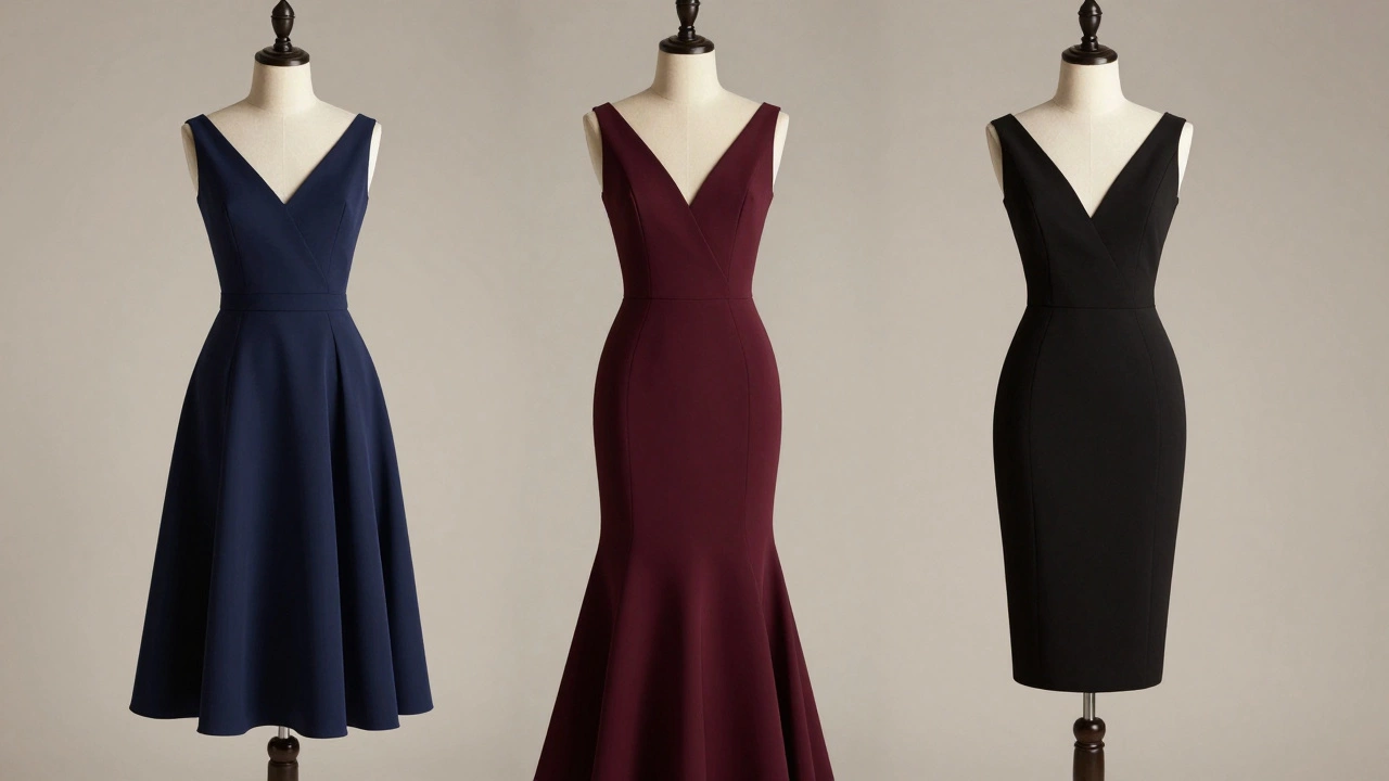 Three evening dress styles on mannequins