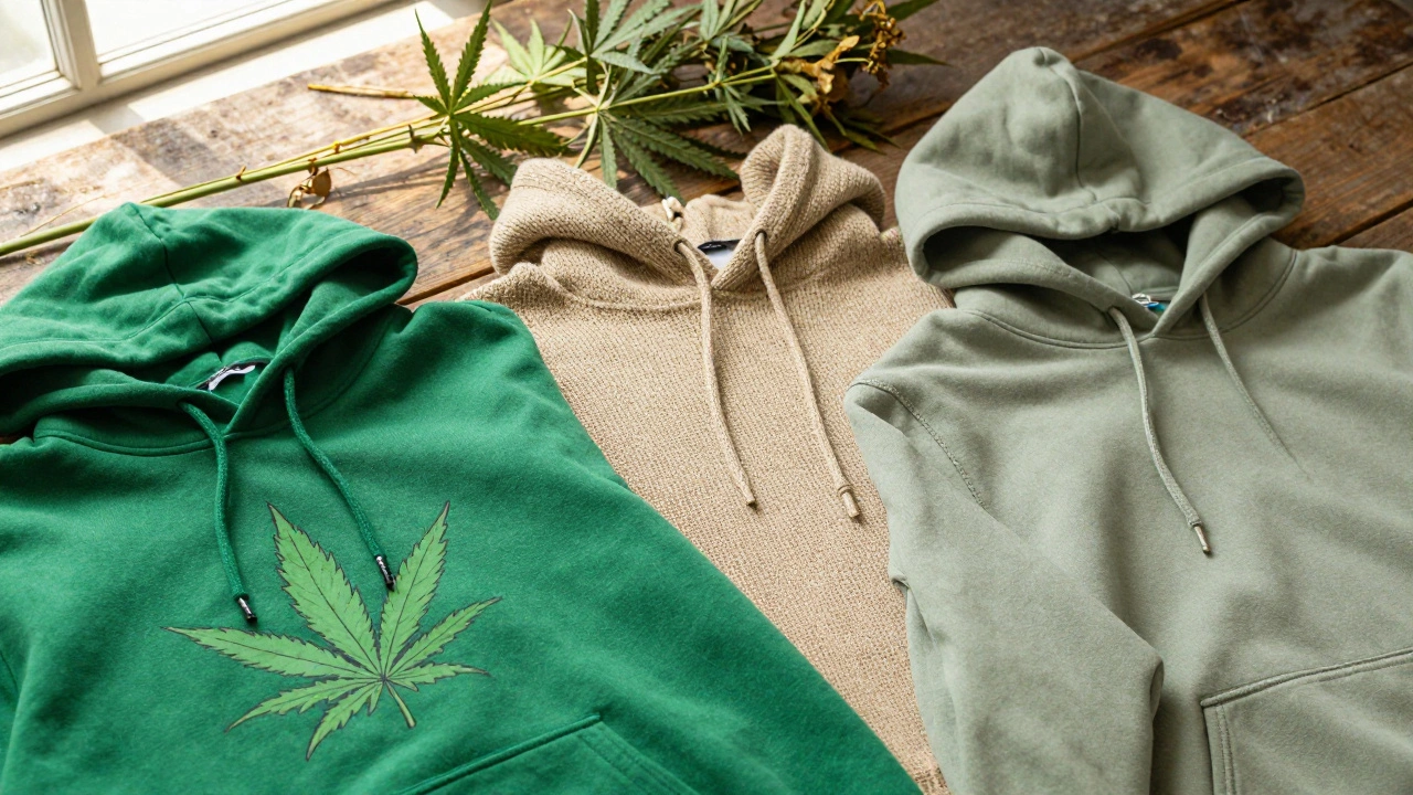 Three types of stoner hoodies displayed on wooden table