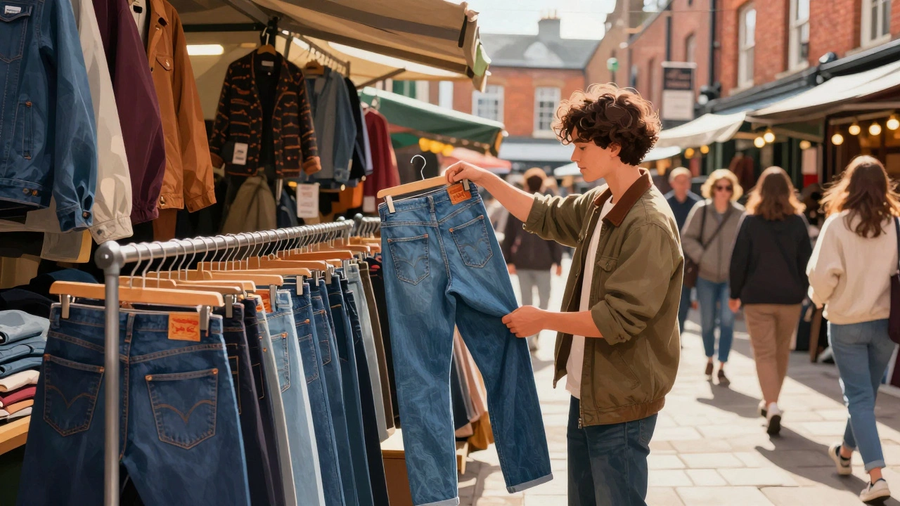 Vintage denim shopping at a bustling Dublin market stall
