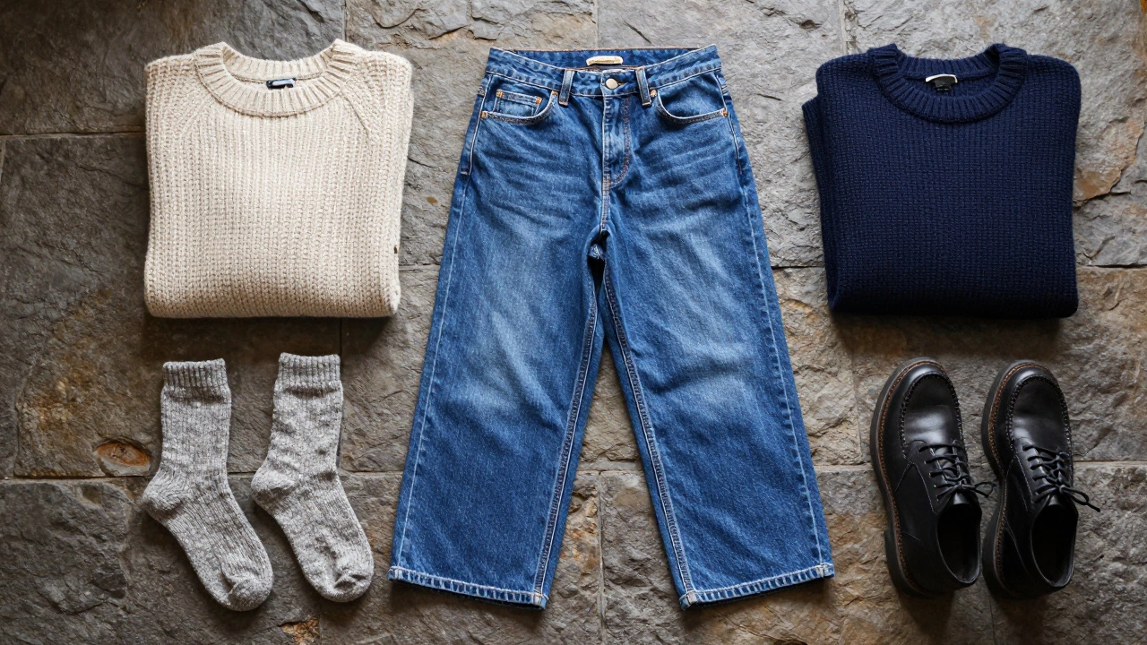 Wide-leg jeans layered with socks and boots for Irish winter