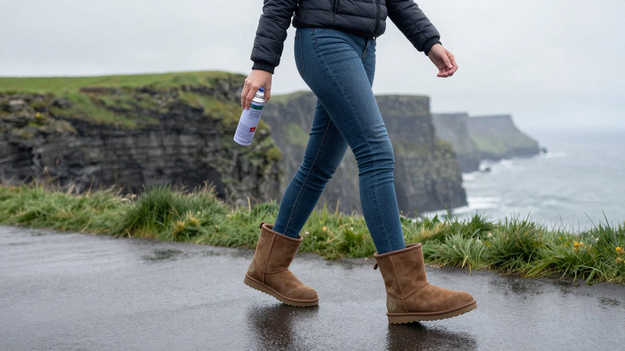 Woman applying waterproof spray to UGGs near misty Irish cliffs.