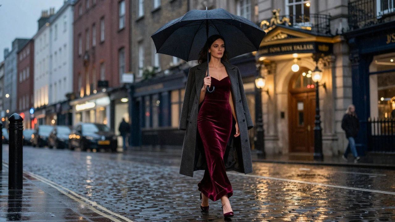 Woman in a velvet evening gown walking in rain with a coat and umbrella in Dublin.